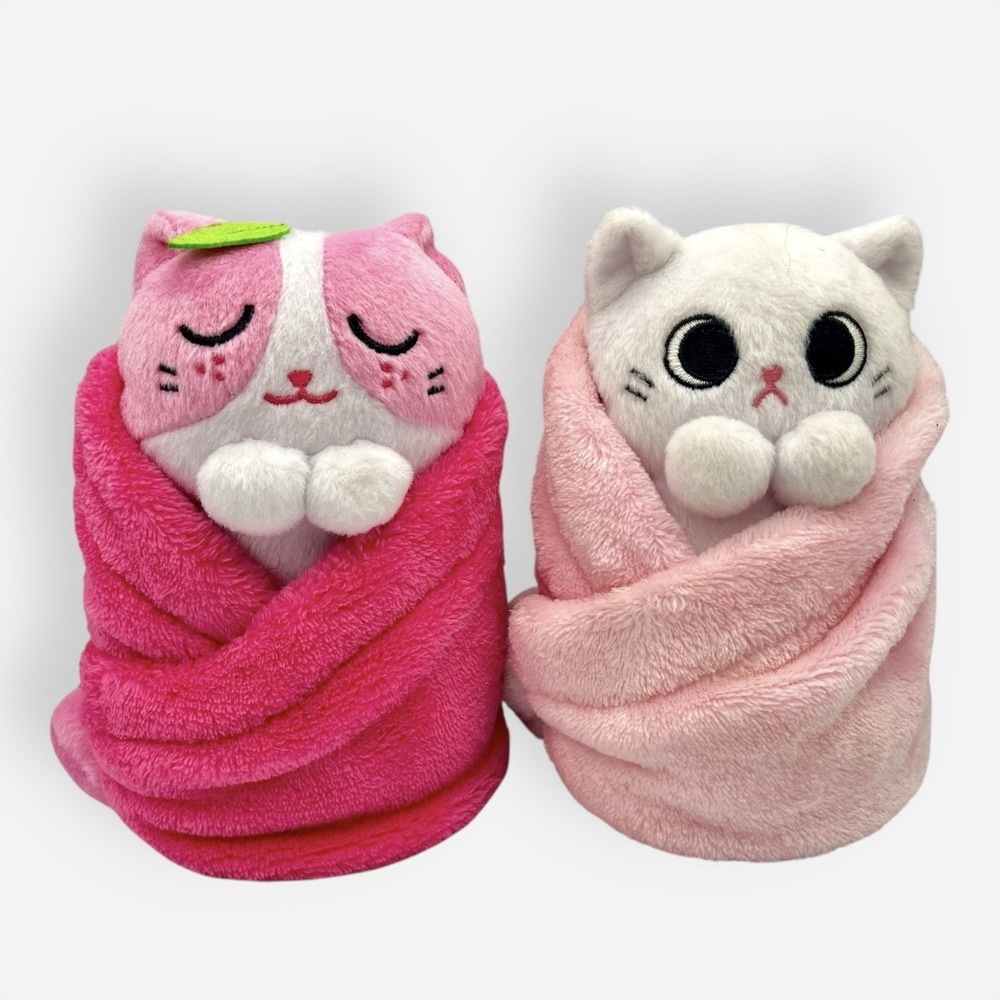 Uncute Purritos 6 Inch Cat In Blanket Plush Set 2 Strawberry Mochi Pink White